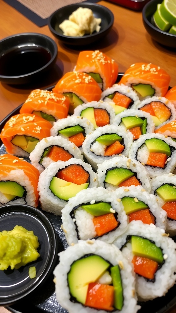 An assortment of colorful homemade sushi rolls on a wooden platter, garnished with sesame seeds and served with soy sauce.